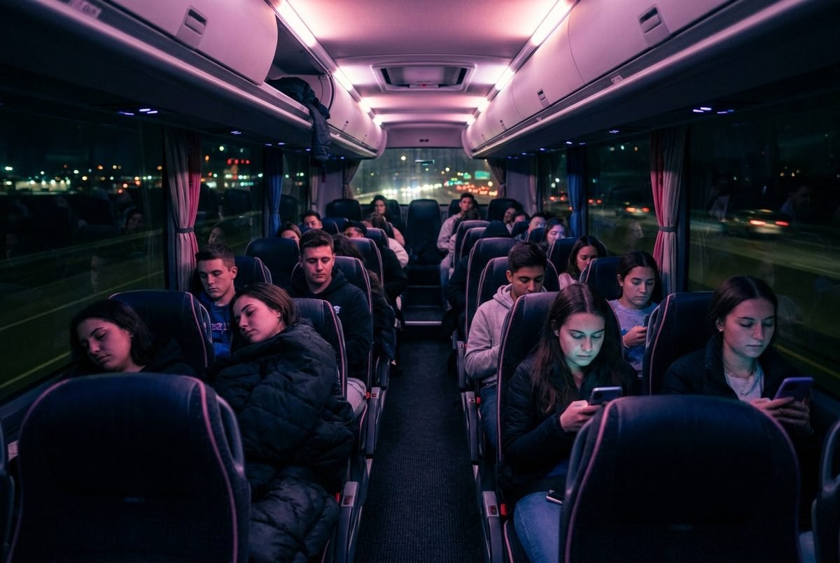 Pasajeros volviendo en el bus después del show
